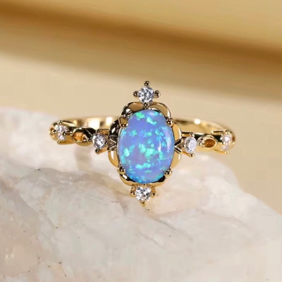 Jewelry - Gold Opal Halo Ring with Blue Opal Center and Mystic Topaz